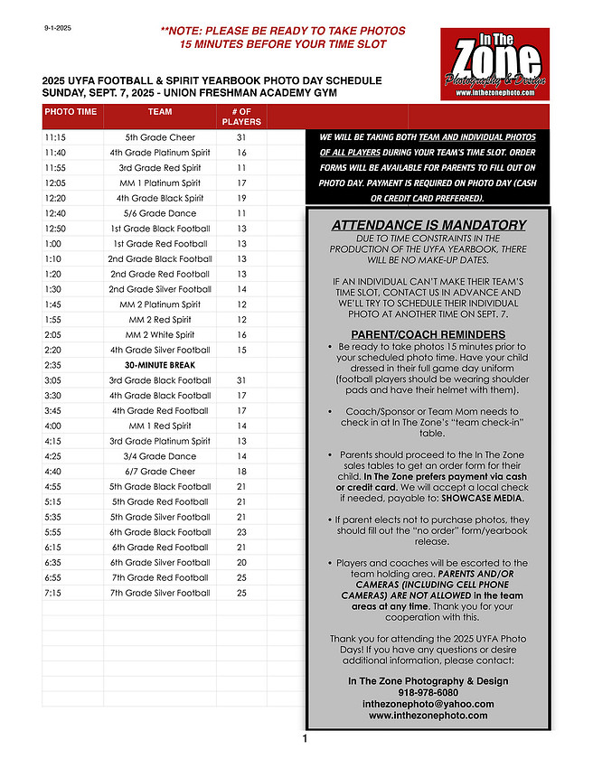 2025 UYFA FOOTBALL & SPIRIT Photo Day Time Slots 81925